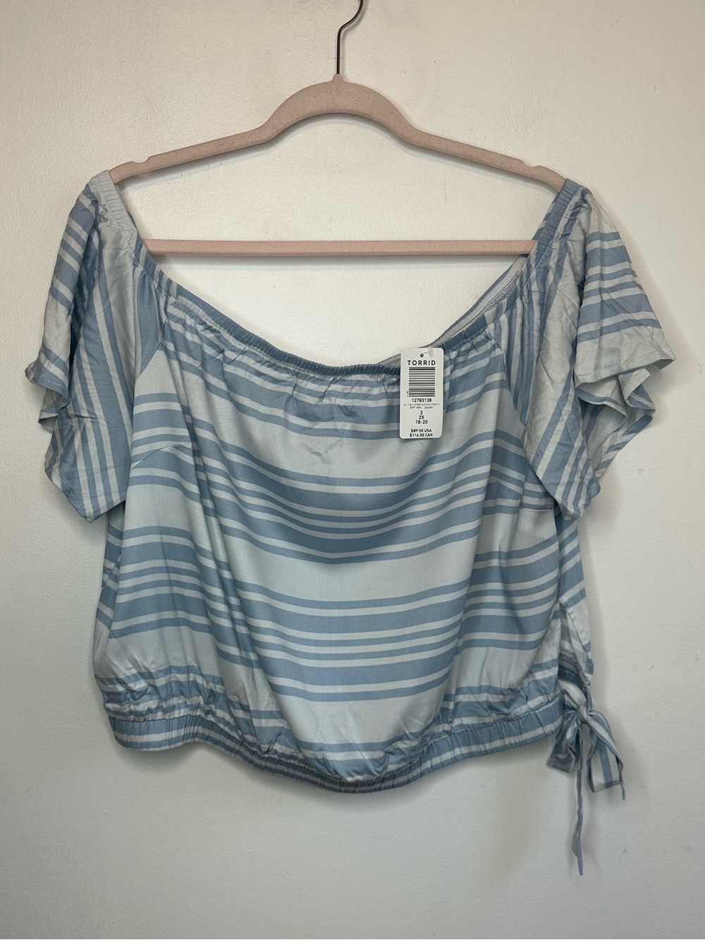 Torrid Striped Challis Crop Top Womens 2X Blue White Off Shoulder Short Sleeve